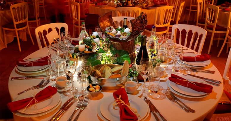 Red and gold gala dinner table arrangement by PenniBlack.
