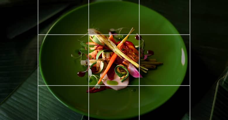Vegan dish plated with a grid to illustrate a neat border around the food using the rule of thirds.
