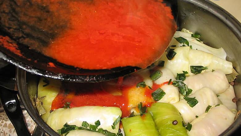 A pan of Holubtsi being prepared.
