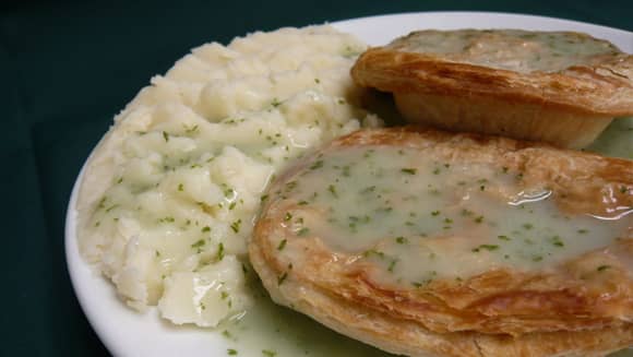 Pie and mash with gravy.