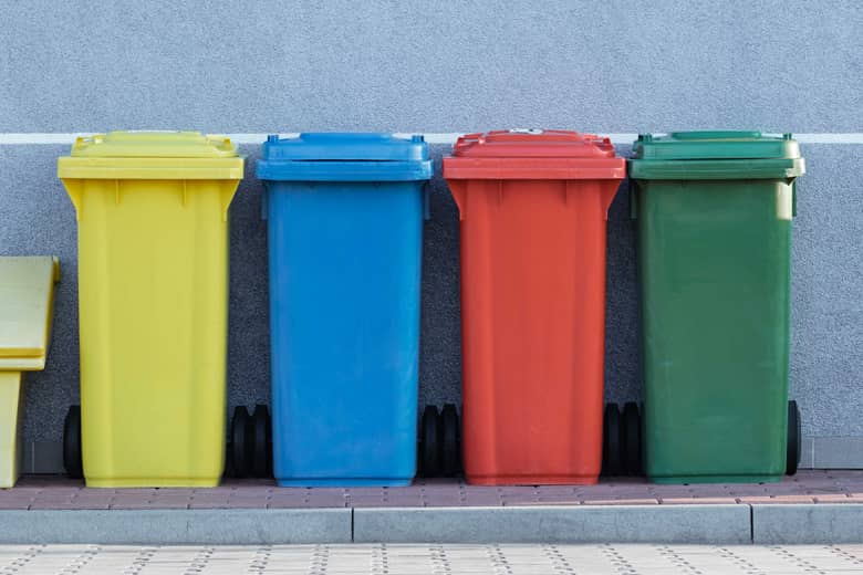 Colour coded recycling bins.