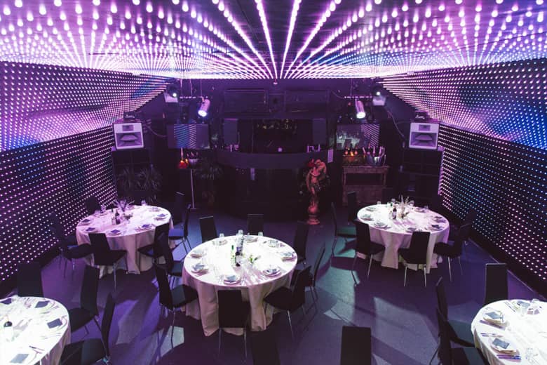 Vauxhall venue setup for a dinner and dance.