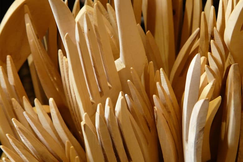 Upclose collection of wooden cutlery.