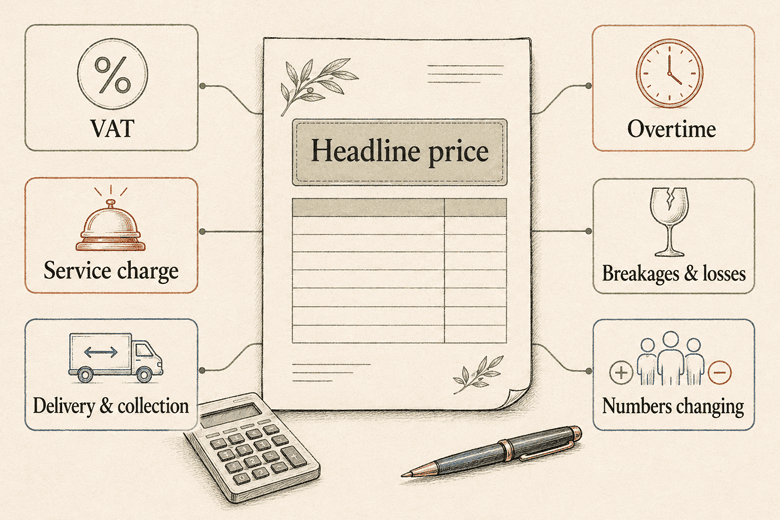 Illustrated event quote showing costs to check beyond the headline price, including VAT, service charge, delivery, overtime, breakages and changing guest numbers.