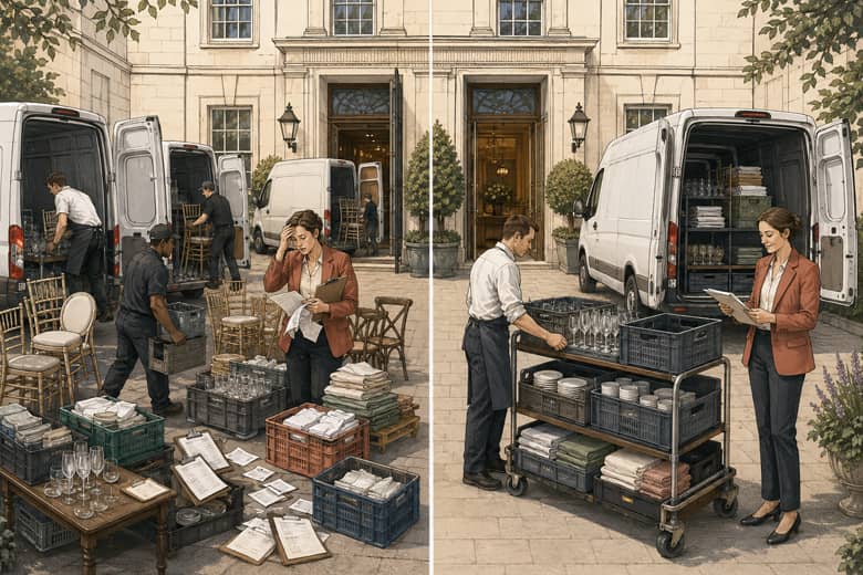Split illustration comparing several cluttered catering deliveries and duplicated paperwork with one organised supplier delivery at an event venue.