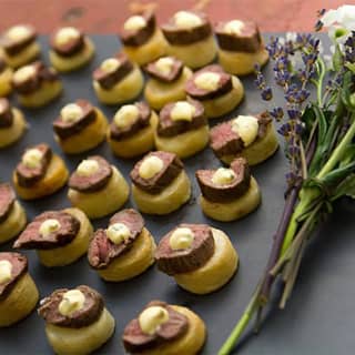 Baby venison and blueberry puff pastry pie canapés.