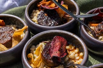 Farm Tray - Slow-braised beef, pearl barley risotto and roasted root vegetables.