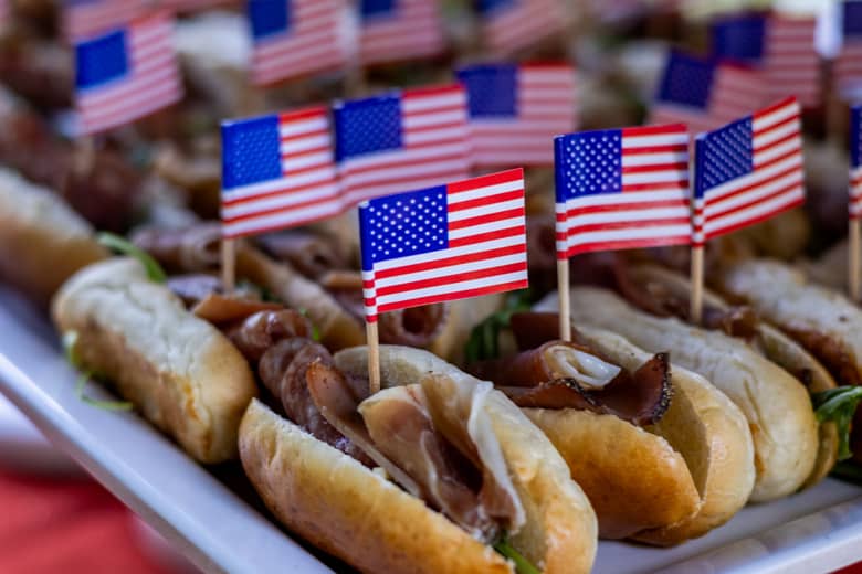American-style hot dogs with crispy onions.