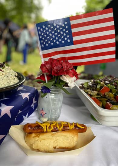 American style hot dogs, crispy onions, American mustard.