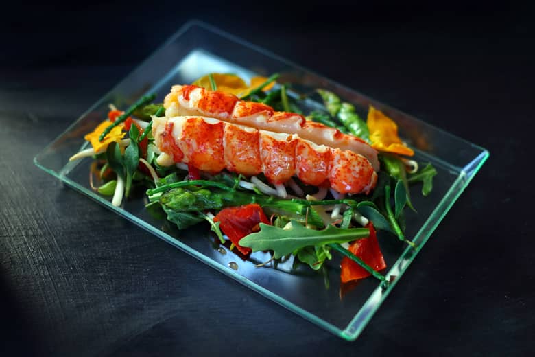 Lobster picnic. Fresh lobster tail, baby vegetables, saffron mayo.