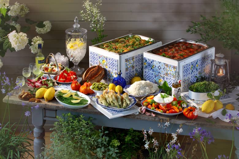 Amalfi buffet with a selection of drinks and dishes.